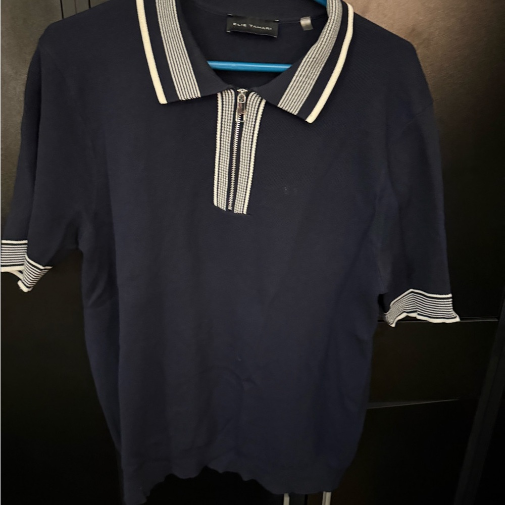 Dark Blue Polo Sweater with White Stripes